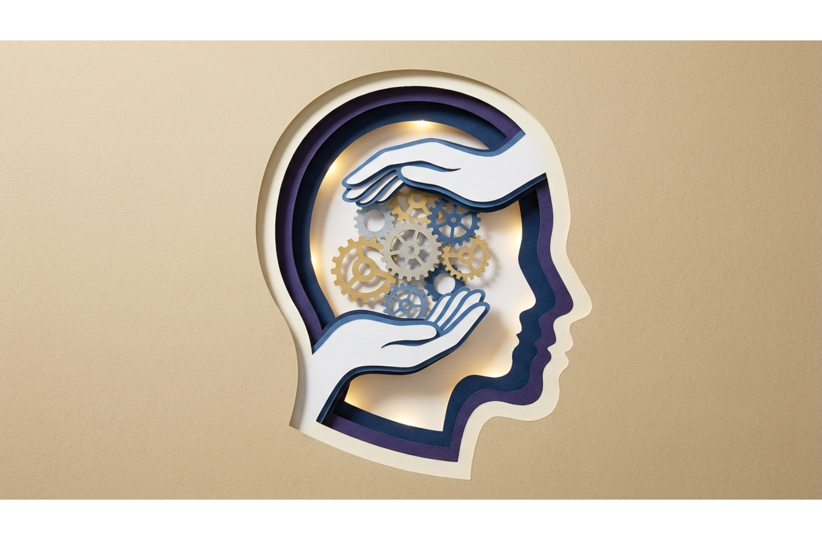 an image of a head with gears and supportive hands representing memory care